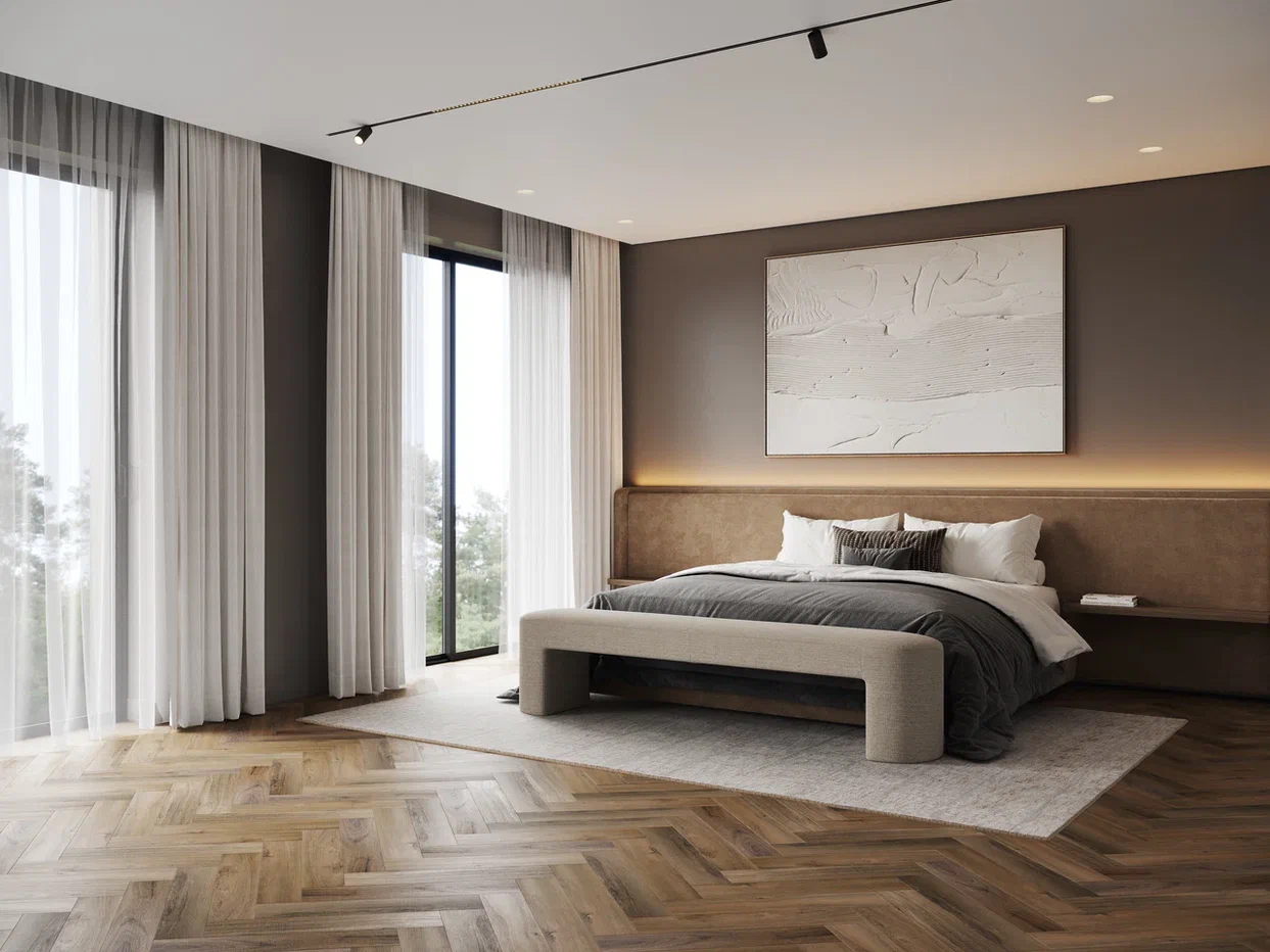 Кварцвиниловый SPC ламинат Home Expert Parquet Гикори натуральный 33-71W908/33-3010 венгерская елка 615×123×3,5 фото в интерьере